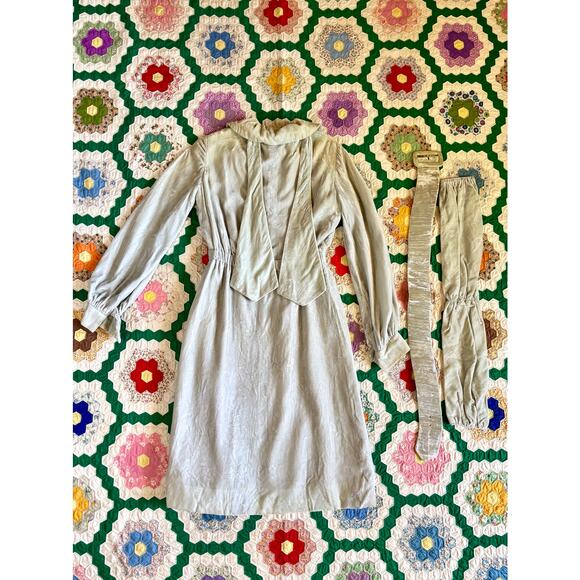 Vintage 1960s Homemade Dress Pale Blue Velvet Silk Lining Belts Wounded Bird - Picture 1 of 16